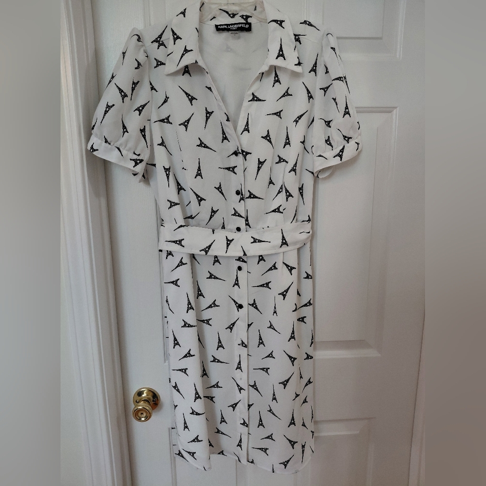 White Eiffel Tower Print Button-Front Dress